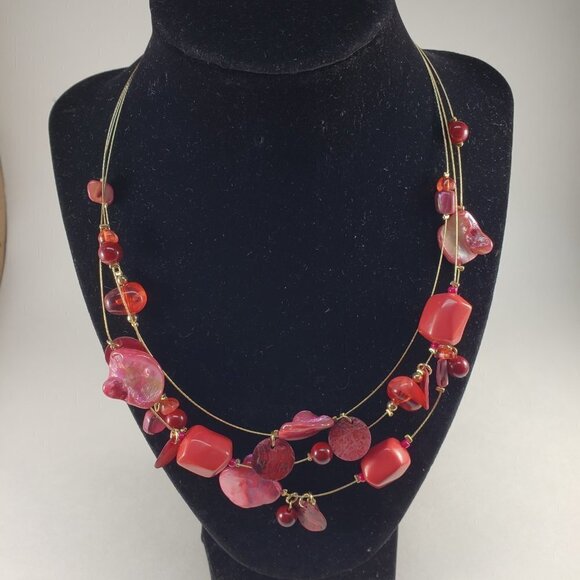 Multi-Strand Gold, Red Seashell Beads Illusion 20" Necklace - Matching Earrings - Picture 9 of 12